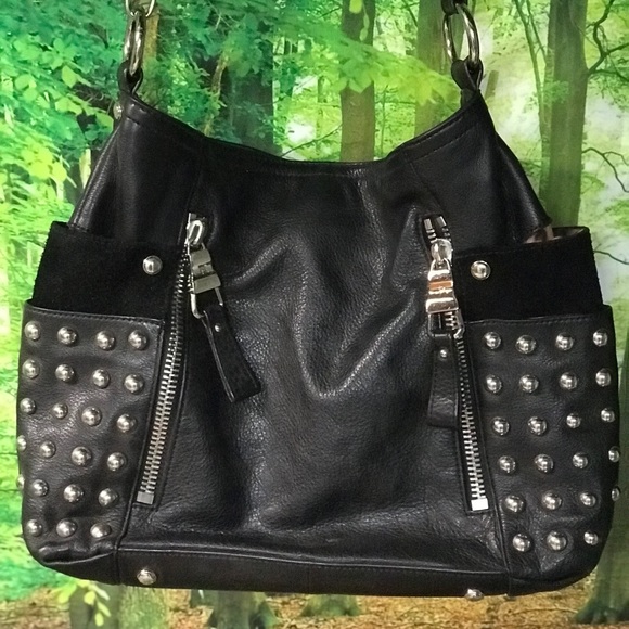 B Makowsky Black Leather & Silver Stud Crossbody. - Picture 16 of 16